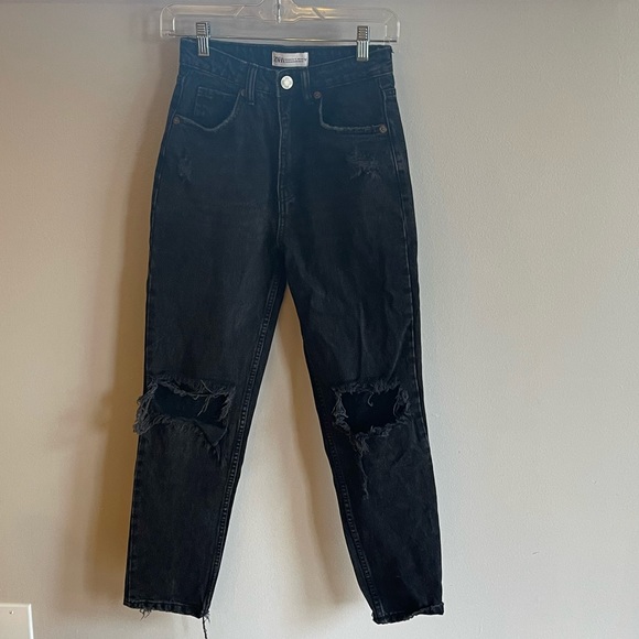 Zara Mom Fit Jeans Straight Leg Ripped Black - Picture 7 of 12